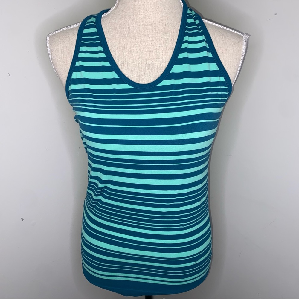 Athleta seamless striped tank top racerback shelf bra teal & green striped Small